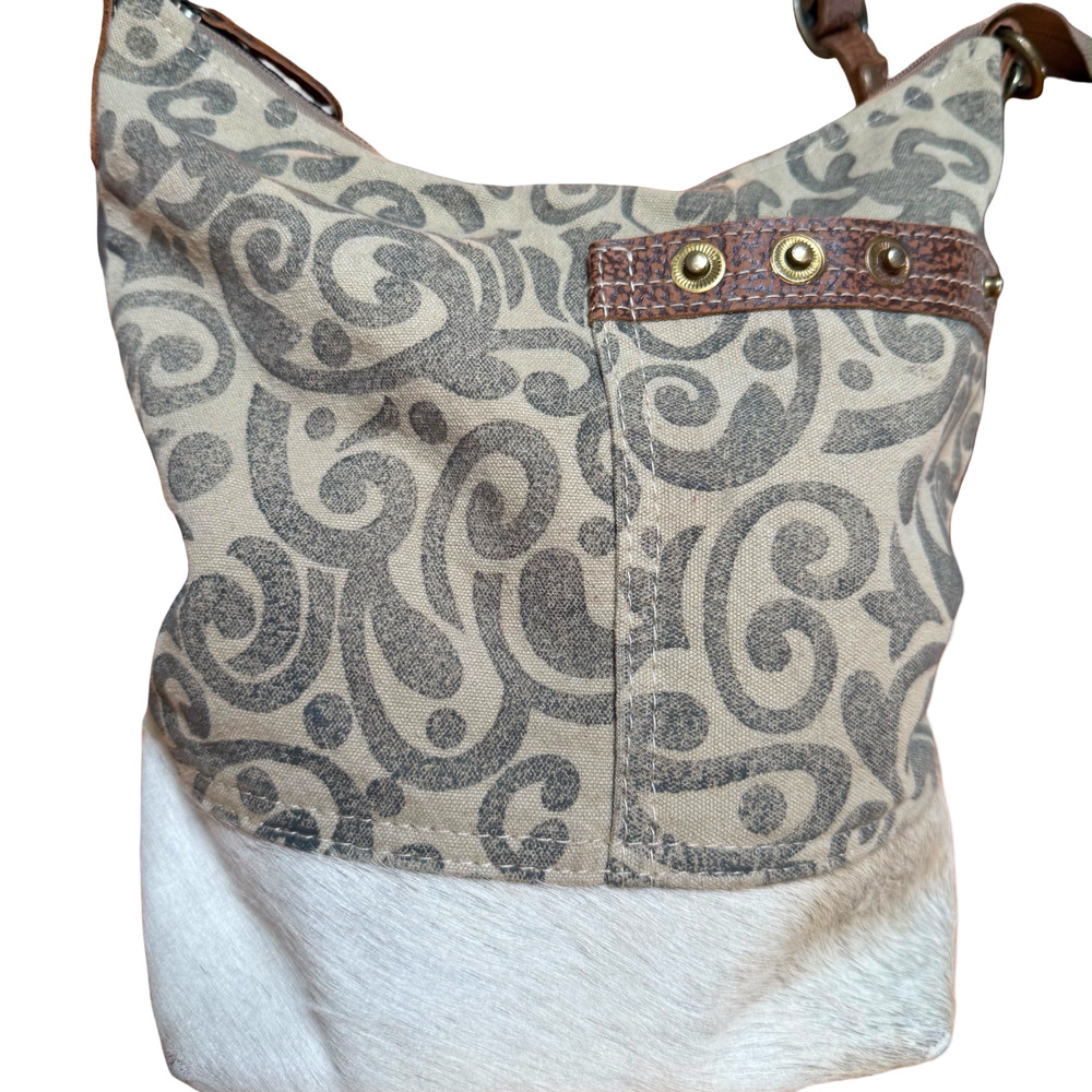 Myra Bag Boho Leather & Pony Hair Canvas Crossbody Shoulder Purse Tote 12x12x4